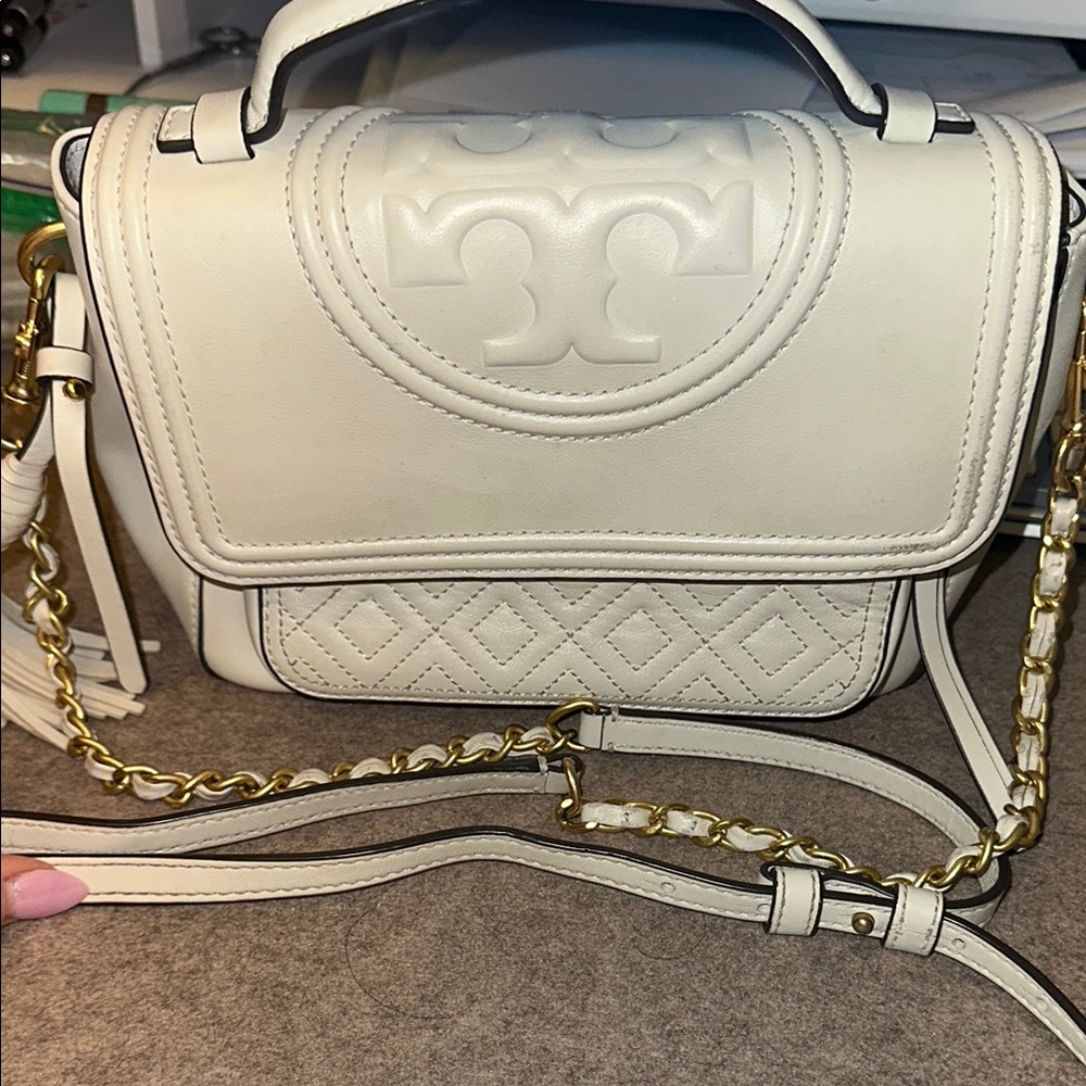 Tory Burch Cream Satchel with Embossed Logo